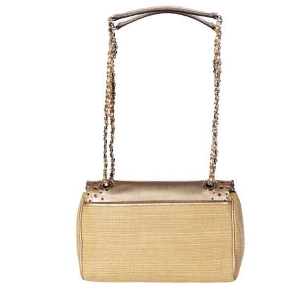 Michael Kors Violet Vivian Leather Straw Raffia Metallic Chain Shoulder Bag Tote - Picture 2 of 16